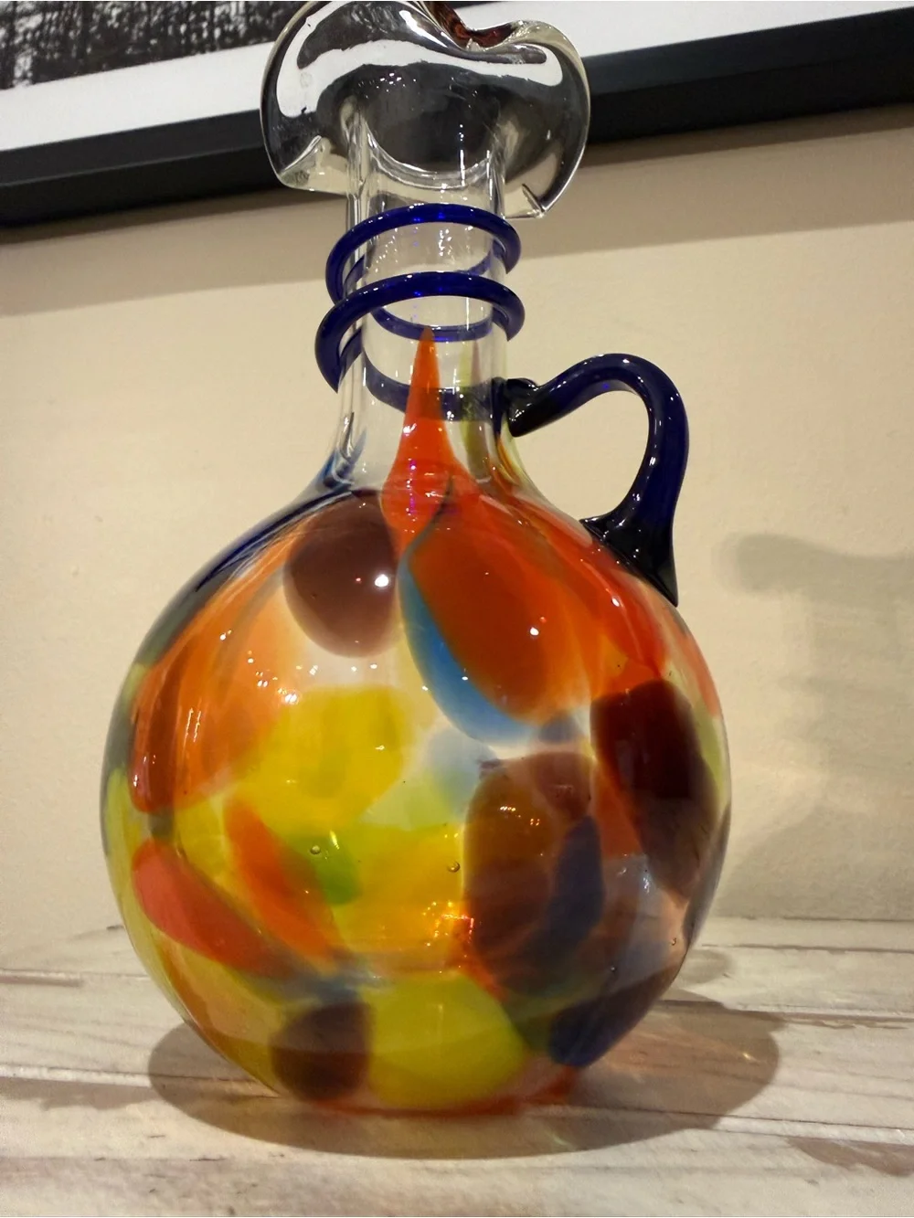 Vtg Hand Blown Art Glass Pitcher Ruffled Neck Spout Spiral Handle End Of Day